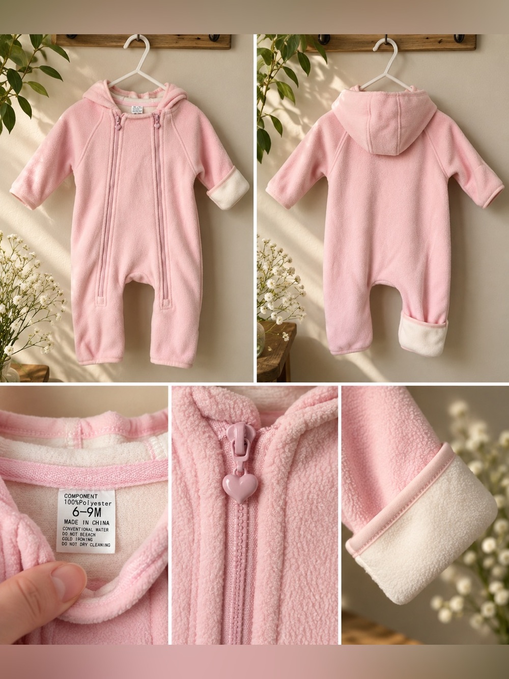 Baby Pink Fleece Hooded Footless/Convertible Coverall – Size 6–9M
